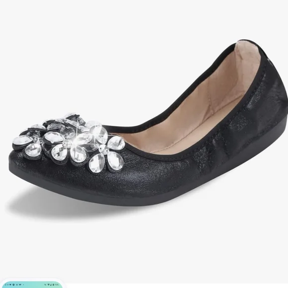 Foldable Black Dressy Rhinestone Ballet Flats 8.5 - Picture 2 of 5